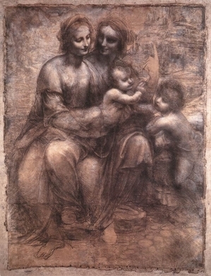 达‧芬奇（1452―1519），《圣母子与圣安妮、小施洗者圣约翰》，作于1507―1508年，炭笔与白粉笔画，141.5×106 cm，伦敦国家画廊藏。