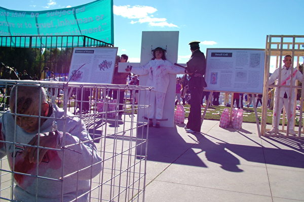 在澳洲国会大厦前举行大规模集会庆祝法轮大法日,同时也进行了酷刑展示