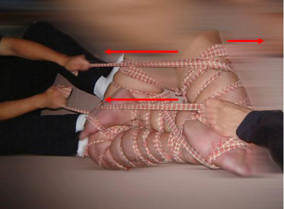 圖4：雙腿綁死在膝蓋處後，兩施暴者再在兩邊用腳踩住，用力拉綁，變緊（箭頭方向拉）。 

<p/></a><figcaption id=
