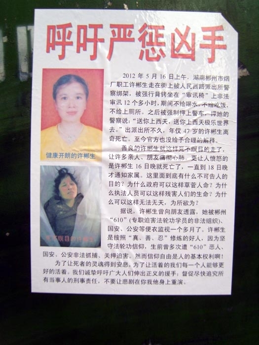 郴州市“呼吁严惩凶手”的粘帖（图片来源：明慧网）