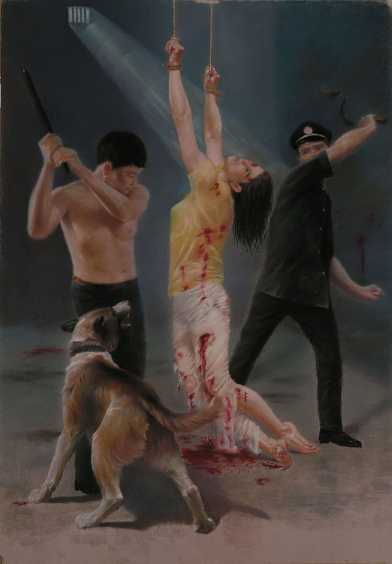 描述中共酷刑对待法轮功学员的美术作品。（大纪元资料图片）
