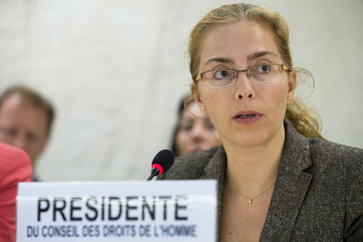 联合国人权理事会主席拉瑟瑞（Laura Dupuy Lasserre ）女士主持9月18日上午的讨论，当日二家国际人权机构提出法轮功学员器官被活摘指控并要求联合国作为紧急议案调查。（联合国图片）