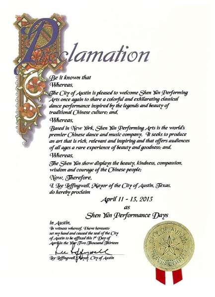 奥斯汀市市长 Lee Leffingwell先生宣布4月11到13日为奥斯汀市神韵日。