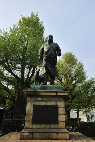 上野公园的标志物，日本明治维新的代表人物之一的西乡隆盛的铜像。（摄影：牛彬／大纪元）