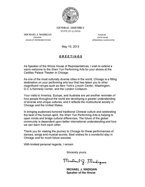 伊州众议院议长麦迪根首次发来亲笔贺信，祝福神韵艺术团2013年在芝加哥的演出。
