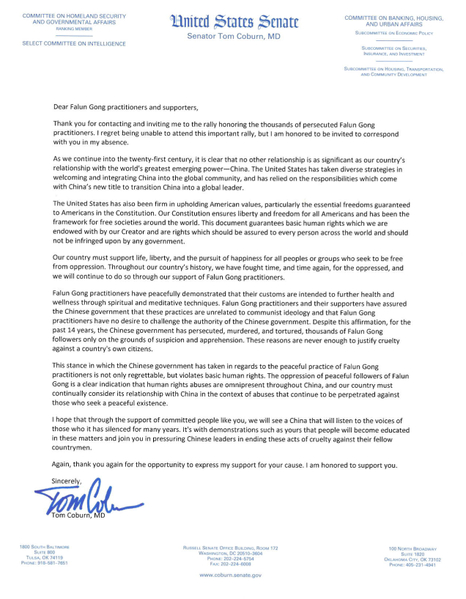 美國奧克拉荷馬州聯邦參議員Tom Coburn致函聲援華府法輪功反迫害十四年集會。（大紀元圖片）