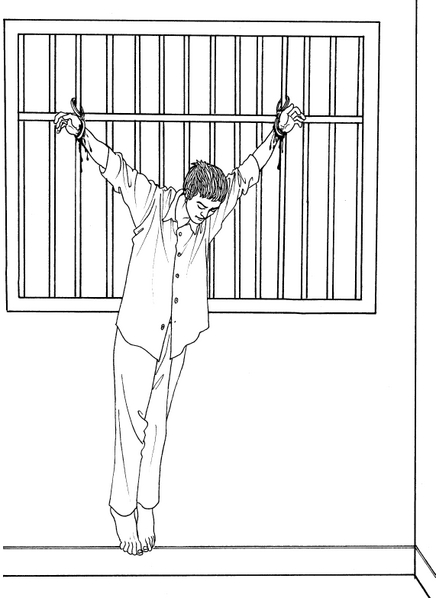 中共酷刑示意圖：吊銬。（明慧網）