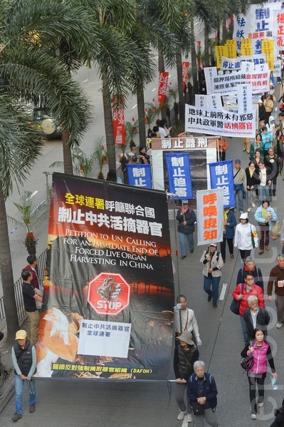 2014年香港元旦大游行，雄壮的天国乐团演奏、整齐的游行队伍和幡旗横额，使法轮功学员成为最受瞩目的阵列。（宋祥龙/大纪元）