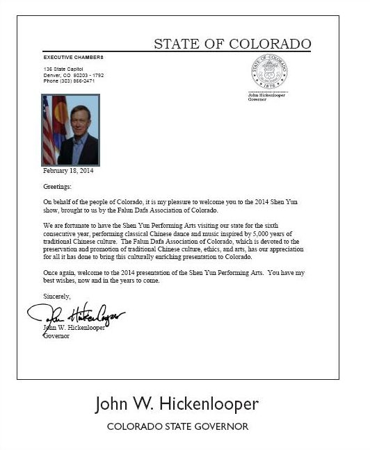 科罗拉多州长John W Hickenlooper给神韵发来的褒奖。（大纪元图片）