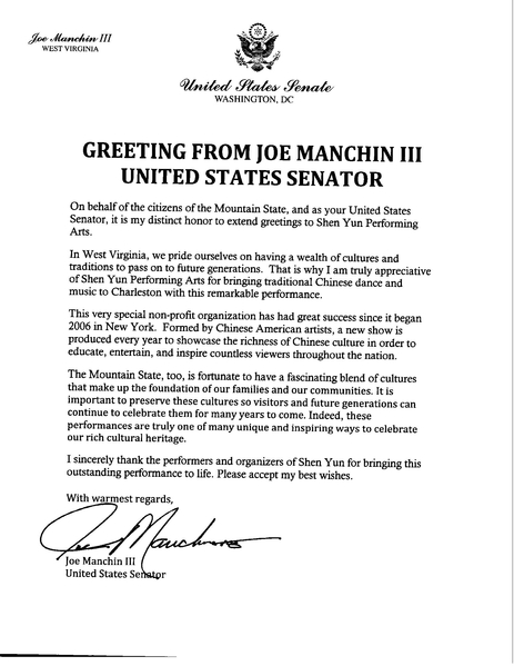美国联邦参议员Joe Manchin III向神韵艺术团的贺信。（大纪元资料图片）