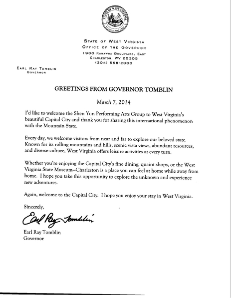 西维州州长Earl Ray Tomblin向神韵艺术团的贺信。（大纪元资料图片）