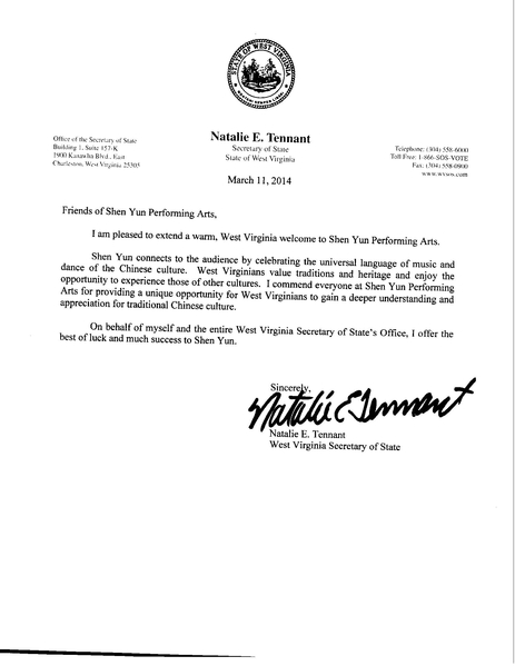 西维吉尼亚州州务卿Natalie E. Tennant给神韵艺术团发的贺信。（大纪元资料图片）