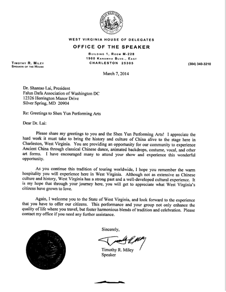 州众议院众议长Timothy R Miley给神韵艺术团的贺信。（大纪元资料图片）