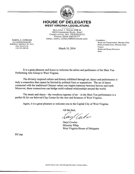 西维州众议院少数党督导Daryl Cowles给神韵艺术团的贺信。（大纪元资料图片）