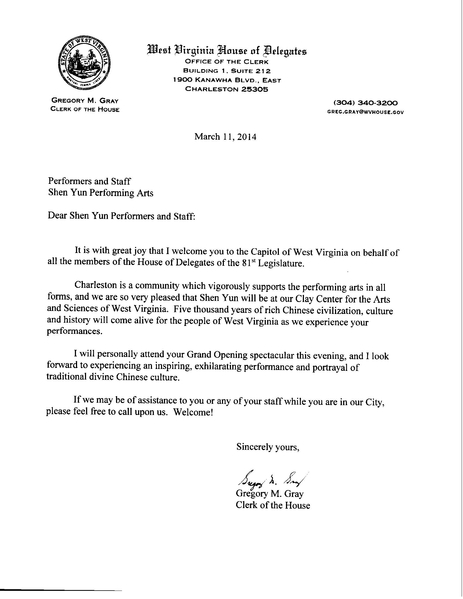 州众议院书记长Gregory M. Gary给神韵艺术团的贺信。（大纪元资料图片）