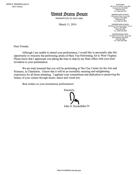 美国联邦参议员John Rockefeller IV给神韵艺术团的贺信。（大纪元资料图片）