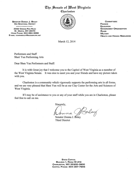 西维吉尼亚州参议员Donna Boley给神韵艺术团的贺信。（大纪元资料图片）