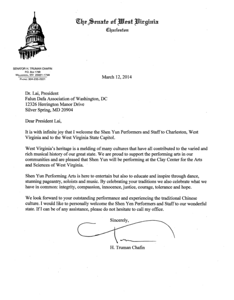 西維吉尼亞州參議員Truman Chafin給神韻藝術團的賀信。（大紀元資料圖片）
