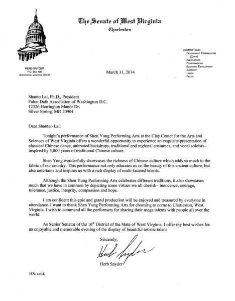 西维吉尼亚州参议员Herb Synder给神韵艺术团的贺信。（大纪元资料图片）
