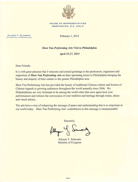 宾州联邦众议员埃里森．Y．施瓦茨（Allyson Y. Schwartz）致神韵艺术团的贺信。
