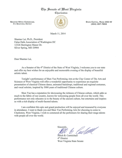 西維吉尼亞州參議員Mitch B. Carmichael給神韻藝術團的賀信。（大紀元資料圖片）