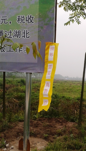 “四•二五”期间湖北省公安县某地出现法轮大法真相条幅和挂牌。（明慧网）