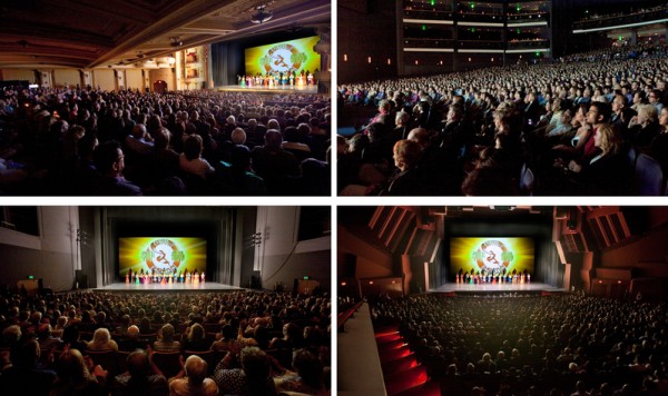 2014年3月11日至30日，神韻令世界影藝之都洛杉磯為之傾倒，16場演出場場爆滿。圖為神韻在大洛杉磯劇院演出爆滿盛況：橙縣演藝中心（右下）、洛杉磯諾基亞劇院（右上）、千橡市民藝文廣場（左下）和聖巴巴拉格蘭納達劇院（左上）。（季媛/大紀元） 