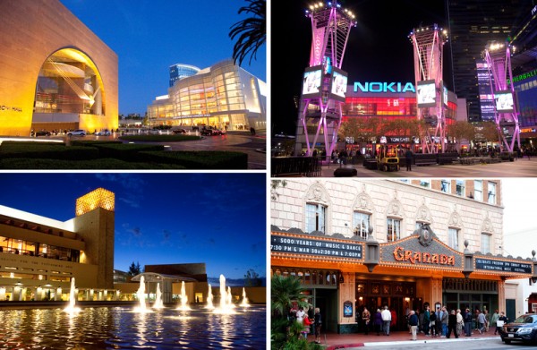 2014年3月11日至30日，神韻令世界影藝之都洛杉磯為之傾倒。神韻在大洛杉磯劇院演出：橙縣演藝中心（左上）、洛杉磯諾基亞劇院（右上）、千橡市民藝文廣場（左下）和聖巴巴拉格蘭納達劇院（右下）。（季媛/大紀元）