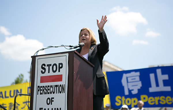 佛罗里达州国会众议员伊丽娜•萝斯-莱赫蒂宁（Ileana Ros-Lehtinen）于2014年7月17日在美国首都华盛顿国会山西草坪举行的集会上演讲。(李莎/大纪元）