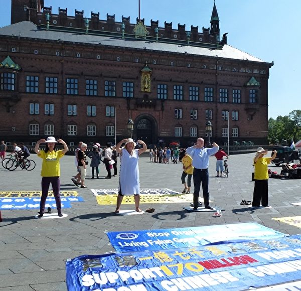 在反迫害15周年之际，丹麦和瑞典的部分法轮功学员，在丹麦首都哥本哈根举办了讲真相、反迫害活动。（萧玉/大纪元）