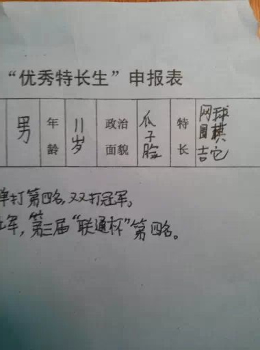 一位女子在網上曬出自己11歲兒子的《優秀特長生申請表》，表上「政治面貌」一欄稀奇搞笑地填寫著這樣的字樣：「瓜子臉」。
