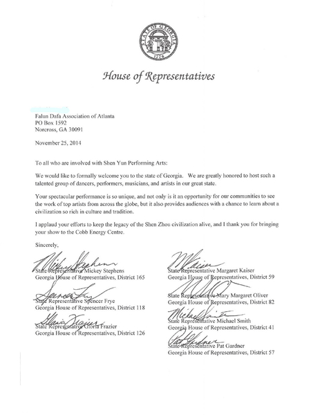 喬州眾議院歡迎神韻蒞臨亞特蘭大。圖為七位眾議員聯署的賀信。（亞特蘭大法輪大法佛學會提供）