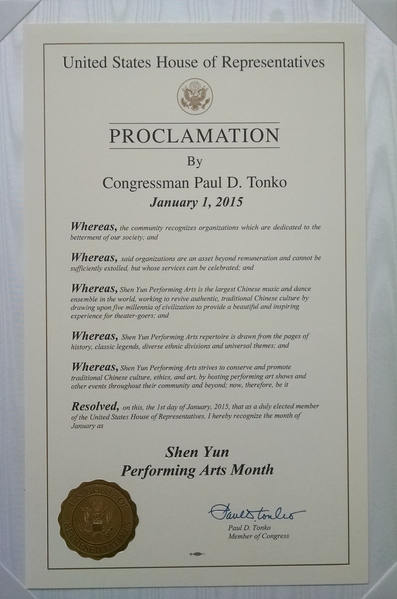 美國國會眾議員唐考（Paul Tonko）在2015年1月1日給神韻發來的褒獎信英文原文。（大紀元資料室）
