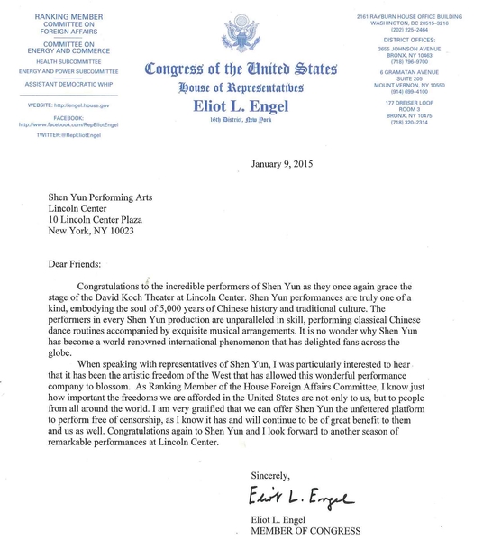神韵艺术团在纽约演出之前，收到美国民主党联邦议员安格尔（Eliot L. Engel）的贺信。（大纪元资料室）