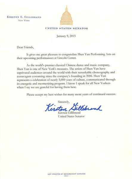 美國聯邦參議員陸天娜（Kirsten Gillibrand）發給神韻藝術團的褒獎信英文原文。（大紀元資料室）
