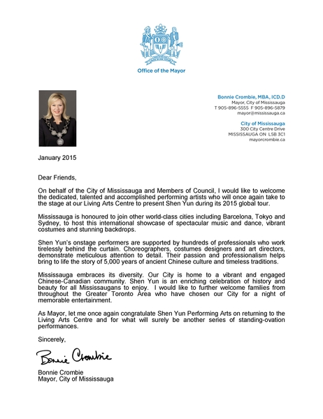 加拿大安省密西沙加市长克龙比女士（Bonnie Crombie）近日发贺信，欢迎神韵艺术团再次莅临密市演出。（大纪元图片库） 