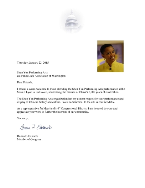馬里蘭第四區聯邦眾議員唐娜•愛德華茲（Donna F. Edwards）特為神韻發來賀信。（大紀元資料室）