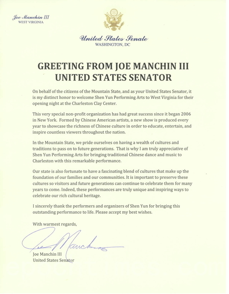 美国联邦参议员Joe Manchin III特为神韵在西维州查尔斯顿市的首场演出发来贺信。（大纪元资料室）