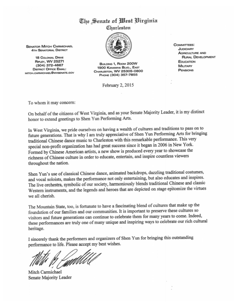 西维吉尼亚州参议院多数党领袖Mitch Carmichael为神韵艺术团发来贺信。（大纪元资料室）