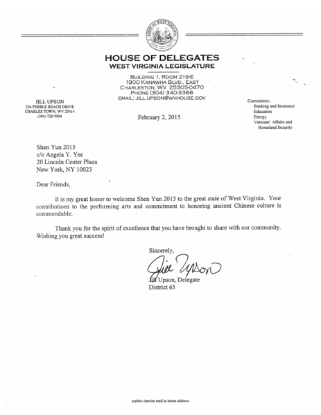 西维吉尼亚州议会第65区议员Jill Upson向神韵致贺信。（大纪元资料室）
