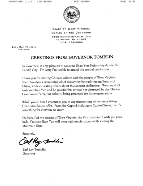 西维吉尼亚州州长Earl Ray Tomblin发给神韵艺术团贺信。（大纪元资料室）