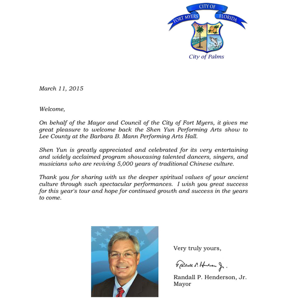 美國佛羅里達州邁爾斯堡市長Randall P. Henderson Jr.向當地神韻主辦方發來賀信，歡迎神韻的到來，並向神韻藝術家們表達感謝之意。（大紀元資料室）