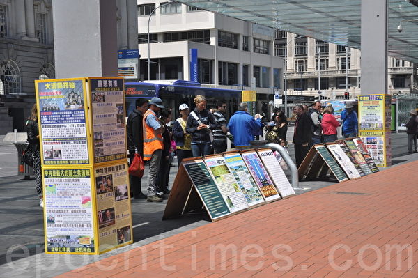 2014年11月8日中午，新西蘭法輪功學員在奧克蘭市中心舉辦反酷刑展示，譴責中共活摘法輪功學員器官牟利的暴行。圖為民衆在觀看真相展板。(張莉莉/大紀元)