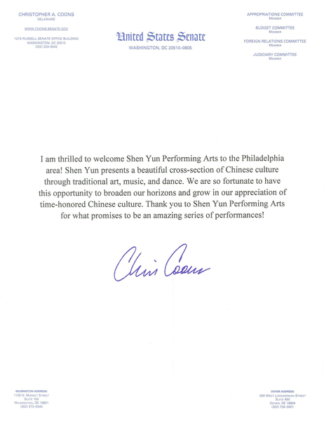 在神韵艺术团将赴费城玛丽安剧院，于5月8日至10上演三天四场的精彩演出前，德拉华州美国联邦参议员Christopher A. Coons发来贺信，感谢神韵艺术团莅临大费城地区。