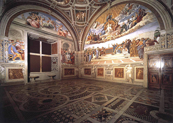 繪有壁畫《聖禮之辯》的梵蒂岡教皇宮殿簽字廳。（維基百科公共領域）