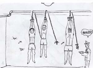 酷刑示意图：吊铐。（图：明慧网）