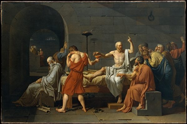 法国古典主义画家雅克―路易‧大卫绘制的《苏格拉底之死》（今藏美国大都会艺术博物馆），是最受推崇的同题材画作。（维基百科公共领域）
