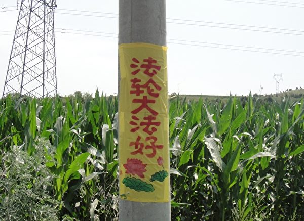 辽宁西部某市多处可见“法轮大法好”条幅和诉江标语。2015年8月10日明慧网发表。（明慧网）