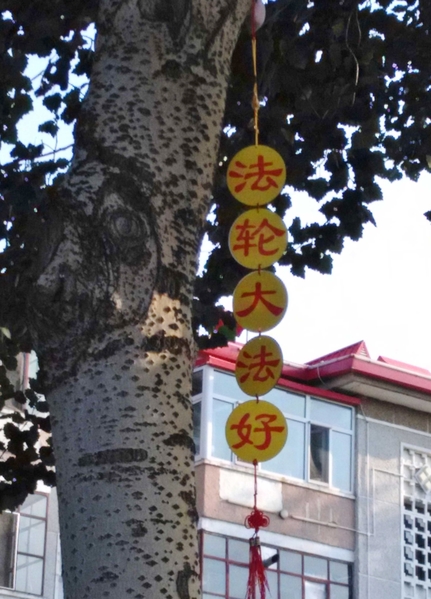 黑龍江省大慶地區某小區喜見「法輪大法好」。2015年8月10日明慧网发表。（明慧網）