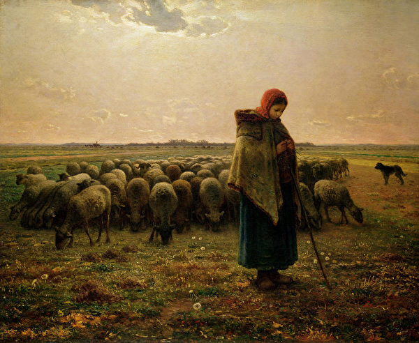 [法]讓-弗朗索瓦‧米勒（Jean-François Millet，1814—1875），《牧羊女和羊群》（ Shepherdess with her flock），1864年作，巴黎奧塞美術館藏。（藝術復興中心提供）